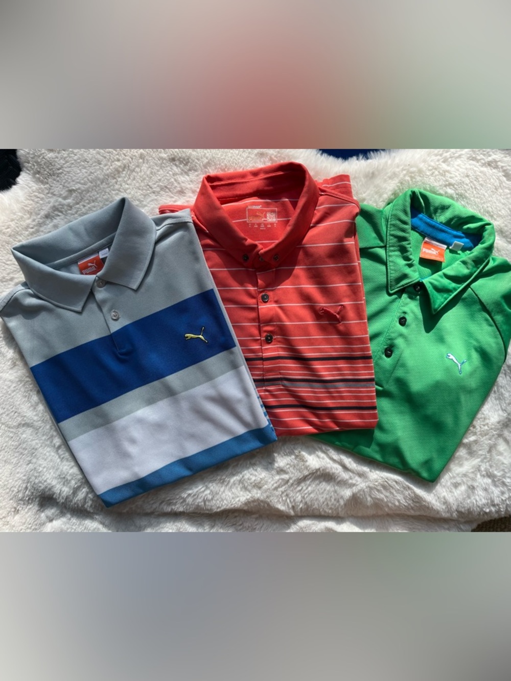 Lot of 3 Puma Men’s Medium Golf Polos; Blue/Gray, Coral striped, Green